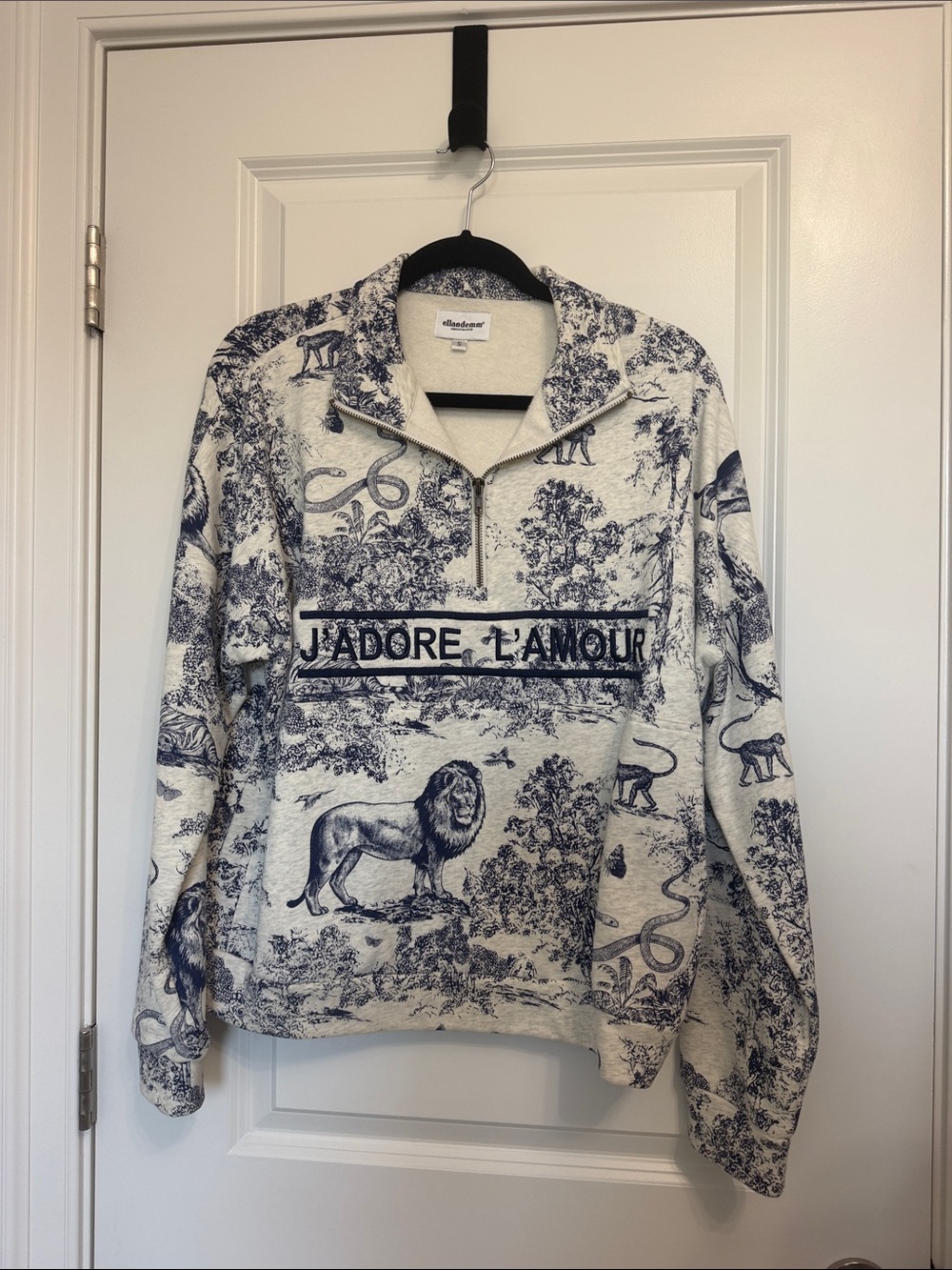 Vici Cream and Navy Half-Zip Sweatshirt with J'ADORE L'AMOUR Embroidery NWOT
